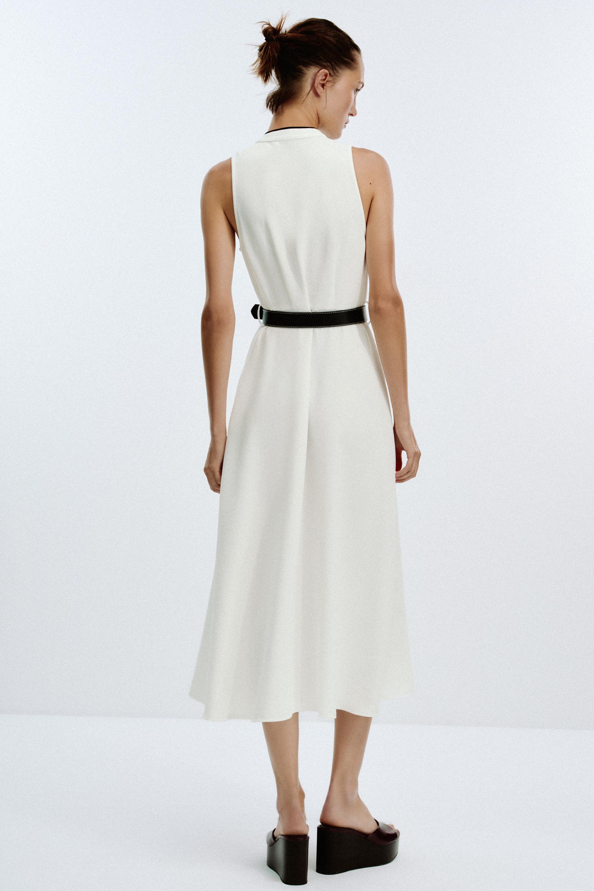 BELTED CONTRAST TRIM MIDI DRESS